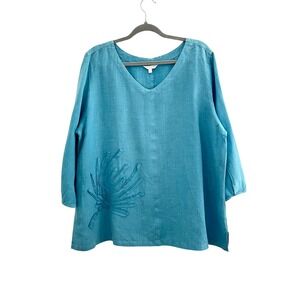 Kleen Blue 100% Linen V-Neck 3/4 Sleeve Tunic Top Embroidered 3D Lagenlook XL